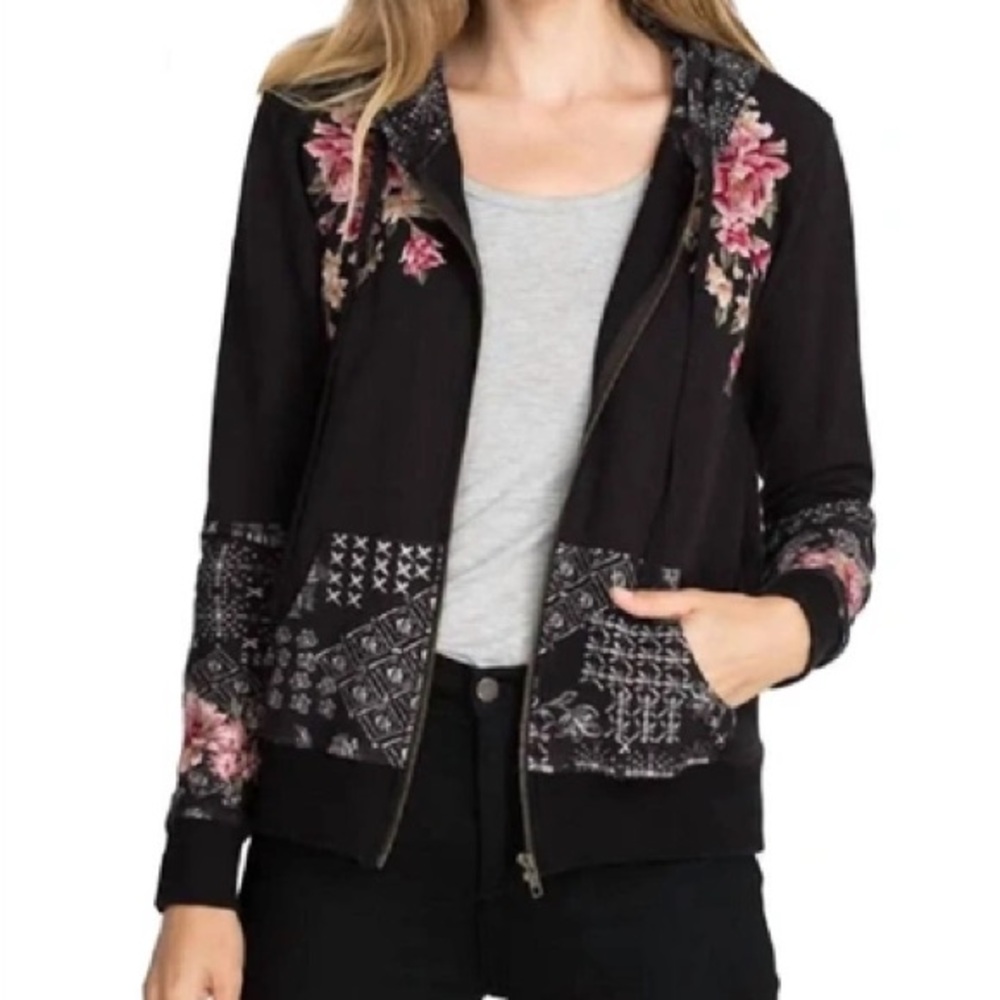 Johnny Was Black Floral & Bandana Patch Zip Hoodie